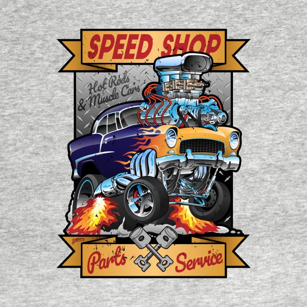 Speed Shop Hot Rod Muscle Car Parts and Service Vintage Cartoon Illustration by hobrath